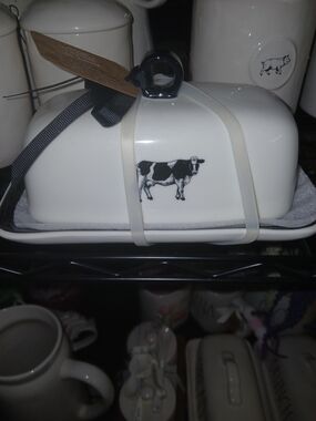 Rae Dunn White Ceramic Butter Dish with Black Cow Motif